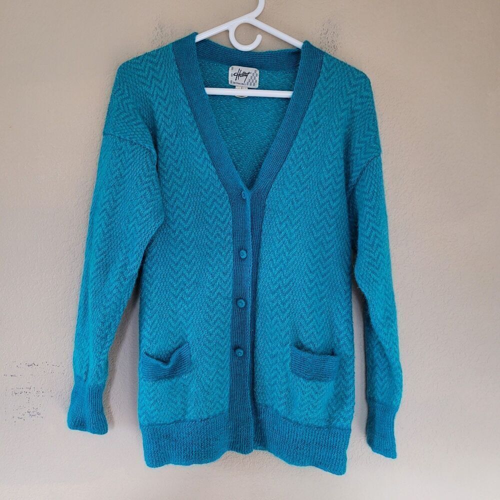VTG HELLET Womens Alpaca Hair Wool Teal Cardigan Sweater Large Pockets Chevron